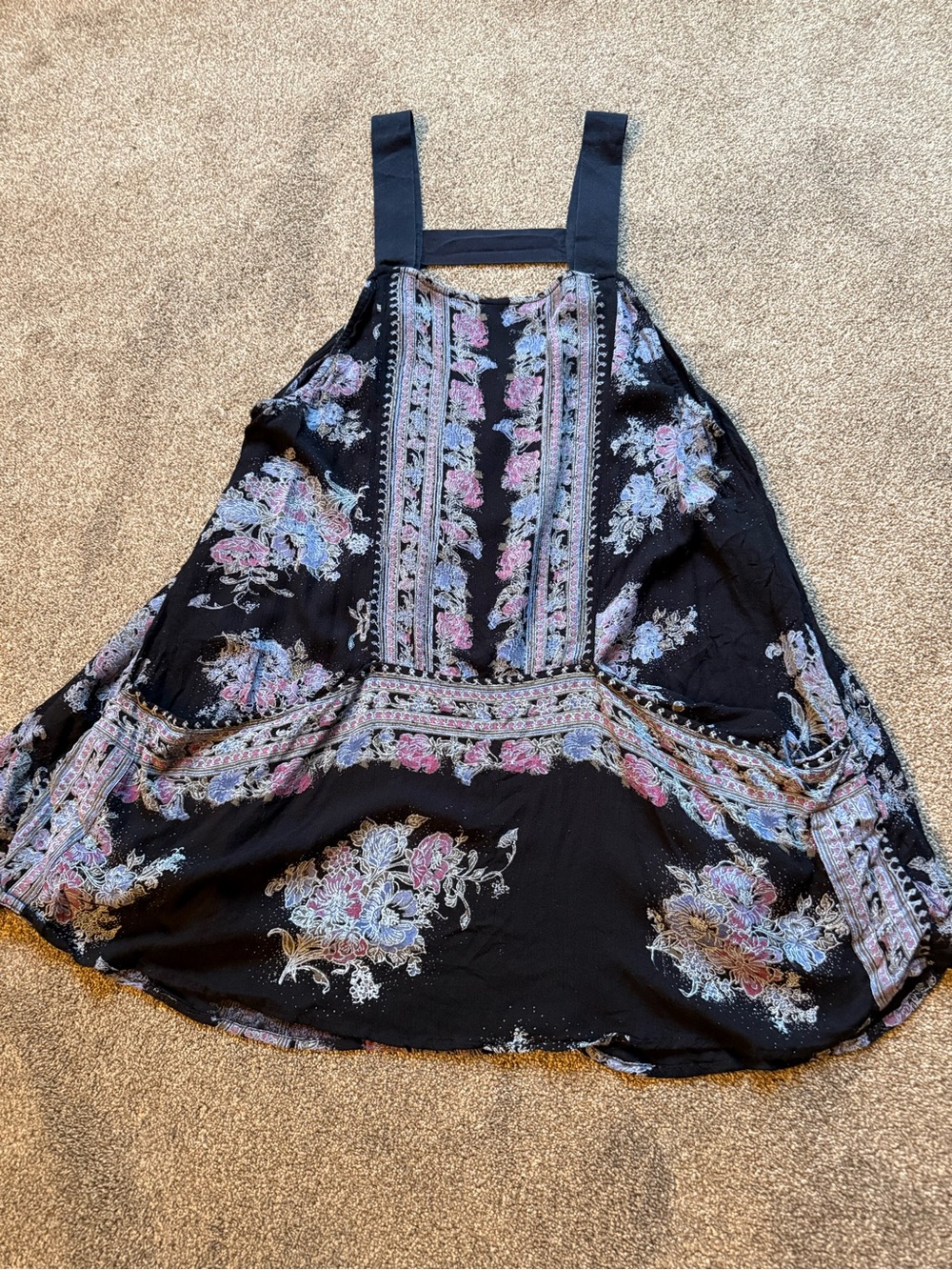 Free People Black Floral Print Top with Pink & Lavender Accents